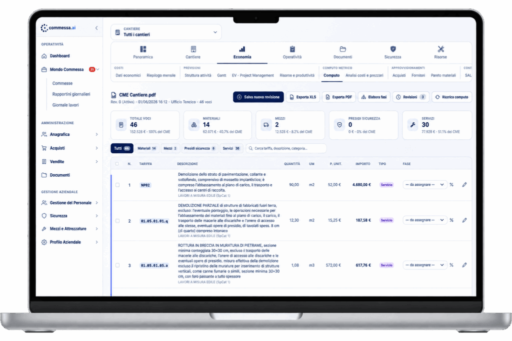 Schermata della piattaforma commessa.ai