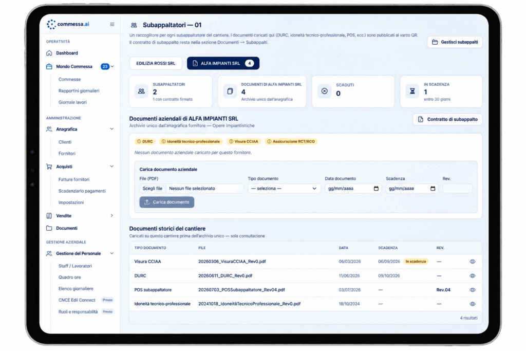 Gestionale commessa.ai — scheda cantiere con operatori, documenti e rapportini
